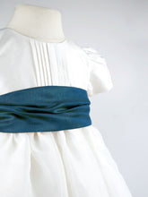 Load image into Gallery viewer, Dolly - Ivory Flower Girl Party Dress with a Teal Coloured Sash
