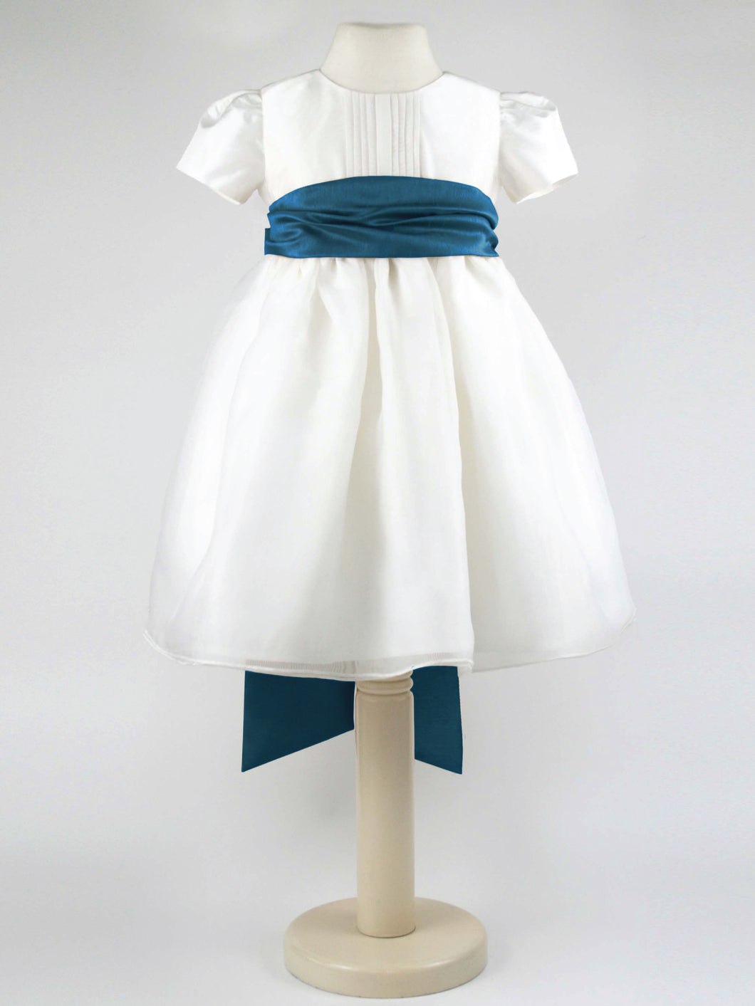 Dolly - Ivory Flower Girl Party Dress with a Teal Coloured Sash