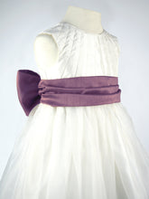 Load image into Gallery viewer, Constance -  Ivory Flower Girl Bridesmaid Dress with a Plum Sash

