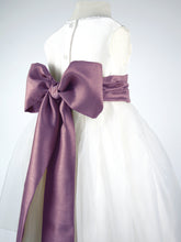 Load image into Gallery viewer, Constance -  Ivory Flower Girl Bridesmaid Dress with a Plum Sash
