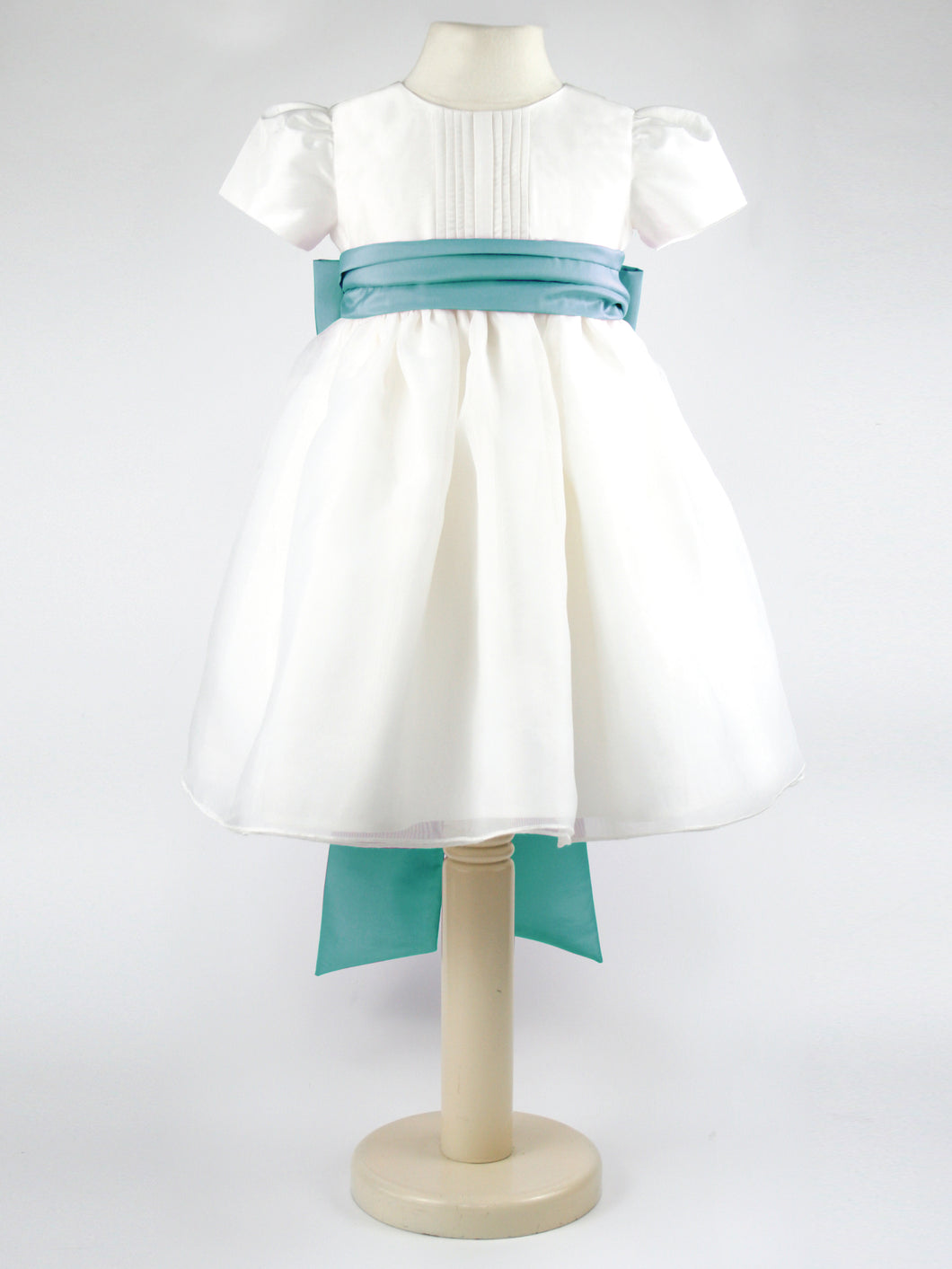 Dolly - Ivory Flower Girl Party Dress with a Sea Green Coloured Sash