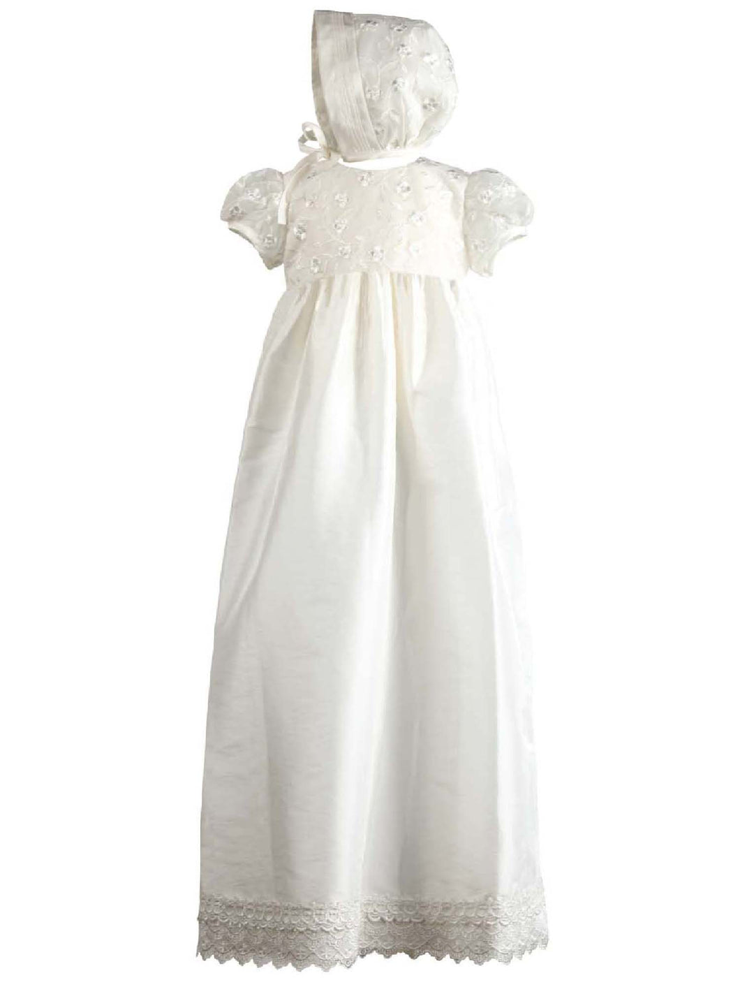 Nessa - Traditional Lace Bodice Christening Robe with Matching Bonnet